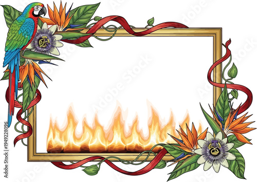 A vibrant illustration of a gold frame adorned with colorful flowers, a parrot, and flames on a white background.