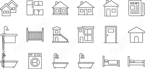 20 household and architecture icons, black and white line style, home items, fixtures, buildings, vector illustration, editable stroke, professional concept