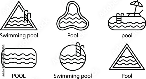 Swimming pool outline icons set with water waves ladder inflatable pool umbrella summer leisure recreation vector symbols collection isolated
