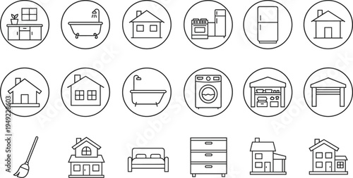 20 household icons, black line style, furniture, appliances, home architecture, kitchen, bathroom, garage, vector illustration, editable stroke, professional concept