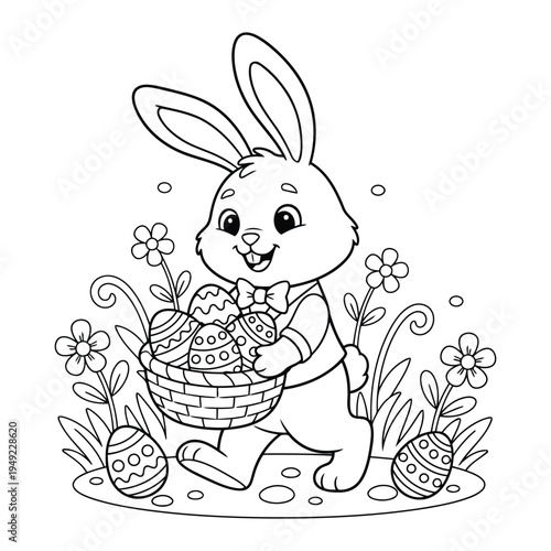 Easter bunny holding basket of decorated eggs in spring flowers coloring page art