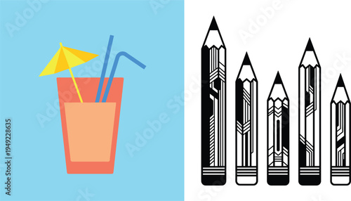 Summer cocktail drink and creative pencil illustration icons set with tropical beverage glass and artistic stationery vector design collection