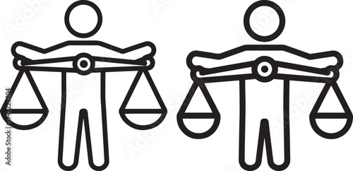 Two figures holding scales of justice, representing legal systems, fairness, and balance of rights, Flat Design, White Background, Design Element