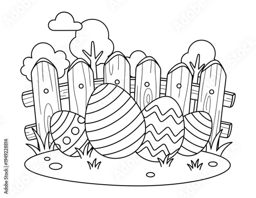 Easter eggs near wooden fence in spring garden coloring page illustration for kids