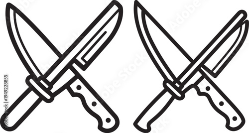 Two crossed knives, symbolizing cooking, kitchen tools, culinary arts, or potential conflict, Flat Design, White Background, Black And White, Design Element