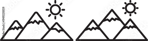 Two mountain ranges with suns, representing nature, landscape, adventure, and outdoor exploration, Flat Design, White Background, Design Element