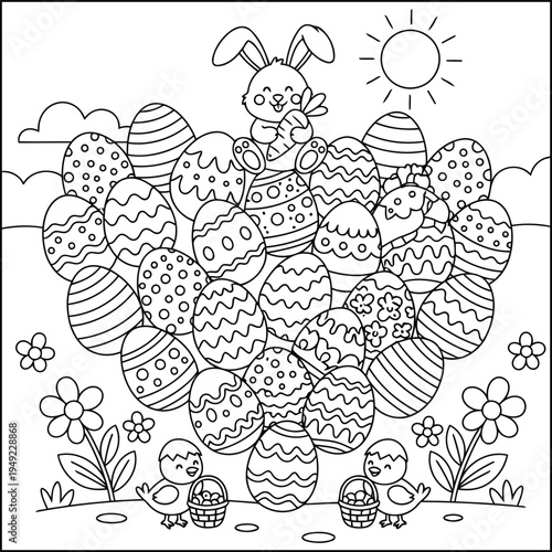 Easter eggs heart with bunny chick and flowers coloring page illustration for kids