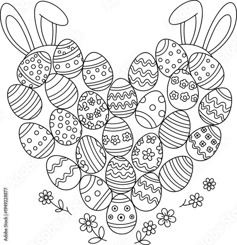 Easter eggs heart with bunny ears and flowers coloring page illustration for kids