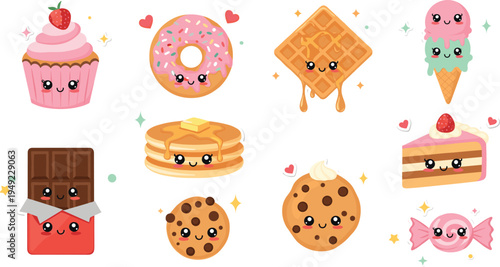 Cute Kawaii Dessert and Sweet Food Collection with Cupcake, Donut, Waffle, Pancakes, Ice Cream, Chocolate and Cookies Cartoon Vector Set.