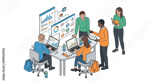 Wallpaper Mural Collaborative Data Analysis - Teamwork and Insights in a Modern Office. Torontodigital.ca