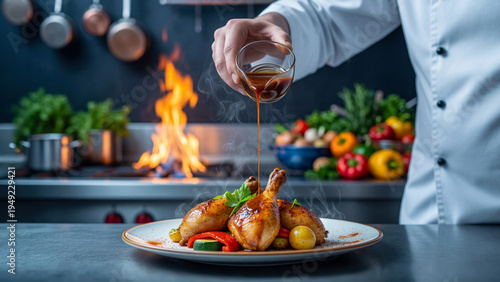 Chef pouring sauce over roasted chicken in professional kitchen cooking hot meal close up
