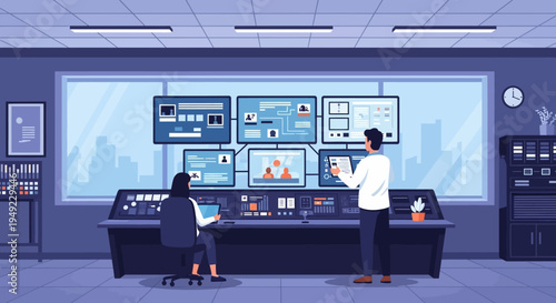 Control Room Operators Monitoring Systems.