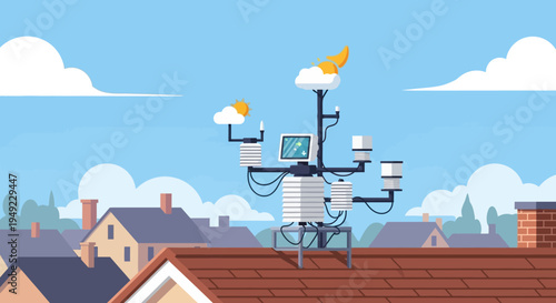 Drone with multiple propellers flying above rooftops.