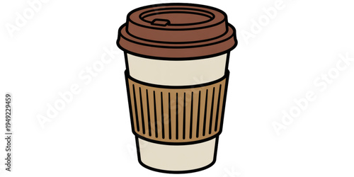 A vector graphic illustration of a disposable coffee cup with a brown lid and sleeve