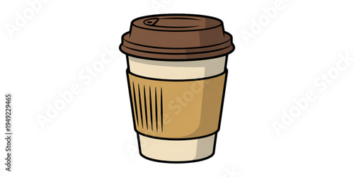 A vector graphic illustration of a disposable coffee cup with a brown lid and sleeve
