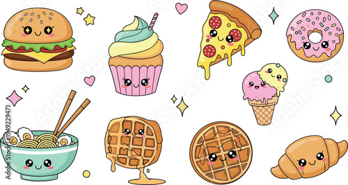 Cute Kawaii Fast Food and Dessert Collection with Burger, Pizza, Donut, Cupcake, Ice Cream, Waffle, Ramen and Croissant Cartoon Vector Set.