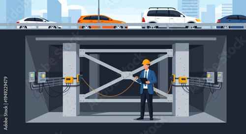 Engineer Inspecting Road Tunnel Structure.