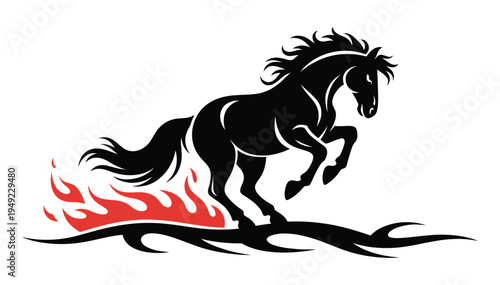 Black Chinese Horse Vector Illustration with Blazing Fire, powerful oriental horse symbol, mythical fire flame effect