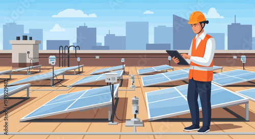 Engineer Inspecting Solar Panels on Rooftop.
