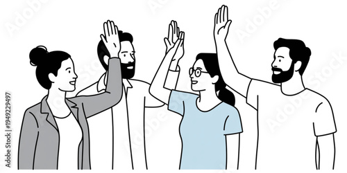 A vector graphic illustration of four people giving each other high-fives in a celebratory gesture