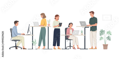 A vector graphic illustration of a diverse group of people working together in a modern office setting with laptops and plants