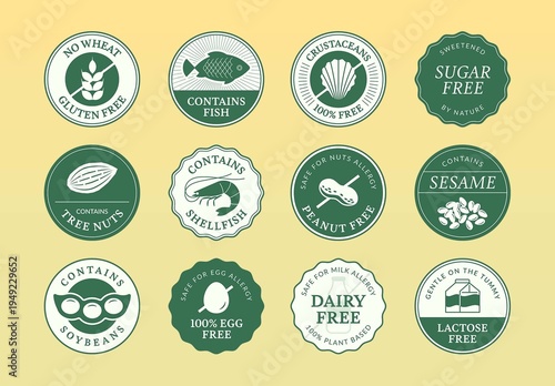 Food Allergen Warning Sticker & Vector Badge Set for Allergy Label Icons, Packaging Seals & Menus