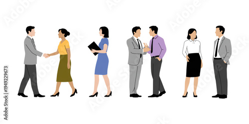 A vector graphic illustration of business professionals interacting and networking in a modern setting