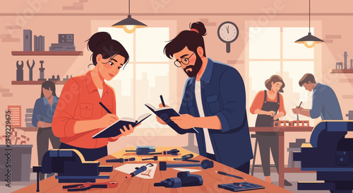 Man and woman discussing over digital tablets.