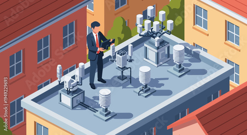 Man Inspecting Air Conditioning Units on Rooftop.