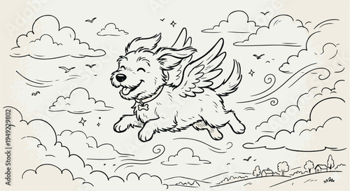 vector illustration of a dog flying line art