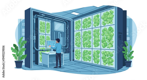 Man Standing Near Vertical Farm Plants.