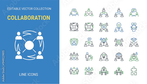 24 collaboration icons, green and blue accents, teamwork, communication, shared ideas, business interaction, vector illustration, editable stroke, professional concept