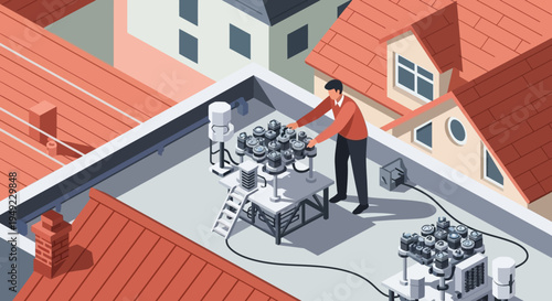 Man Working on Rooftop Equipment Installation.