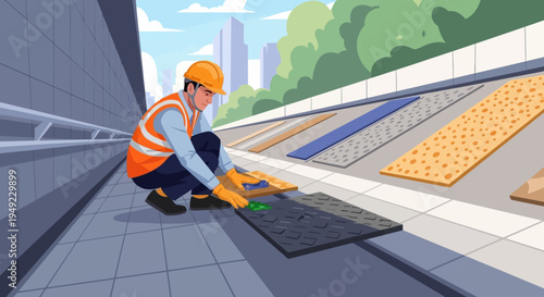 Roofer Installing Roofing Tiles on Roof.