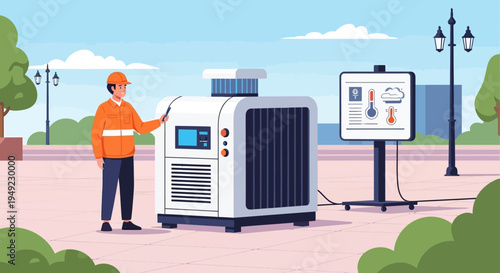 Technician Inspecting Outdoor Air Conditioning Unit.