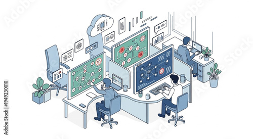 Cybersecurity Team Monitoring Network Traffic in a Modern Office.