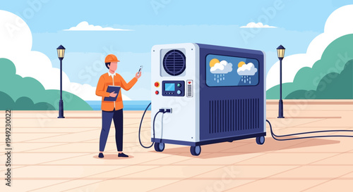 Technician Inspecting Portable Air Conditioning Unit Outdoors.