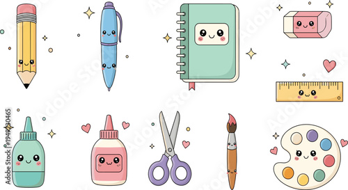 Cute Kawaii School Supplies Collection with Pencil, Pen, Notebook, Eraser, Ruler, Glue, Scissors, Paintbrush and Palette Cartoon Vector Set.