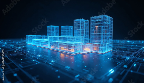Glowing blue high tech 3D architectural framework of a modern building complex with warm interior lighting on a dark background, representing futuristic digital design and urban planning.