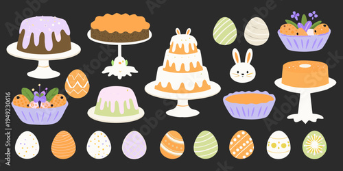 Colorful easter desserts and decorated eggs on a dark background
