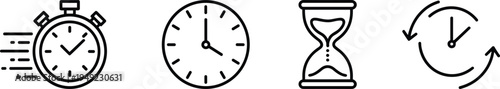 Black and white vector illustration of stopwatch, analog clock, hourglass, and rotating time icon representing urgency, passage, and time management