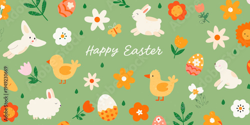 A cheerful easter scene with bunnies chicks flowers and decorated eggs