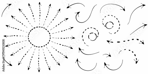 Collection of hand drawn black arrows and circular flow diagrams on white