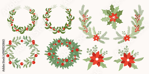 Festive collection of christmas wreaths and poinsettia floral arrangements