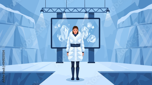 Woman wearing a stylish white winter coat on a runway.