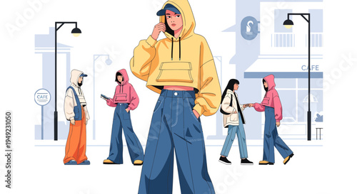 Young woman in stylish yellow hoodie and baggy jeans.