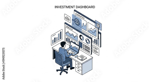 Isometric Investment Dashboard Illustration - Data Analysis and Financial Insights.