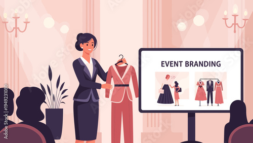 Businesswoman presenting event branding strategies with visual aids.