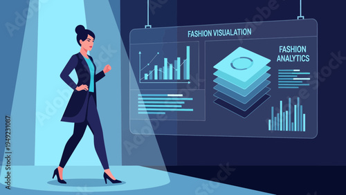 Businesswoman analyzing fashion data on futuristic screen.