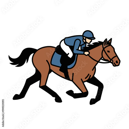 Jockey Riding Brown Horse in Motion.